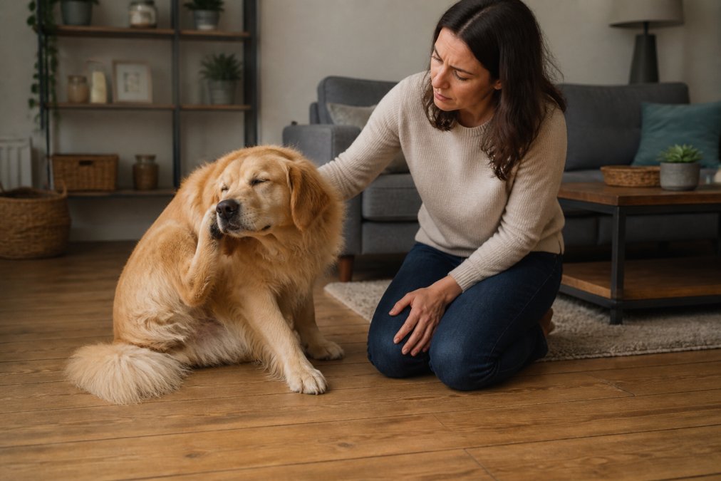 A golden retriever scratching its ear while sitting on a wooden floor, showing visible discomfort, with a concerned owner kneeling beside it in a warmly lit living room