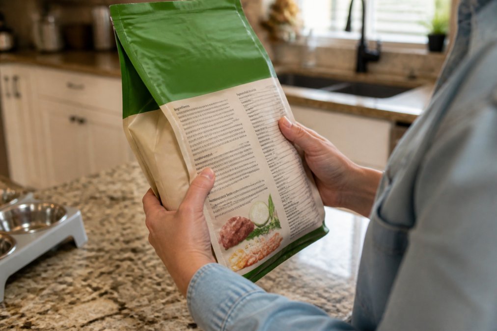 Close-up of a pet owner's hands holding a bag of dry dog food, turning it over to examine the ingredient list on the back of the packaging under bright kitchen lighting