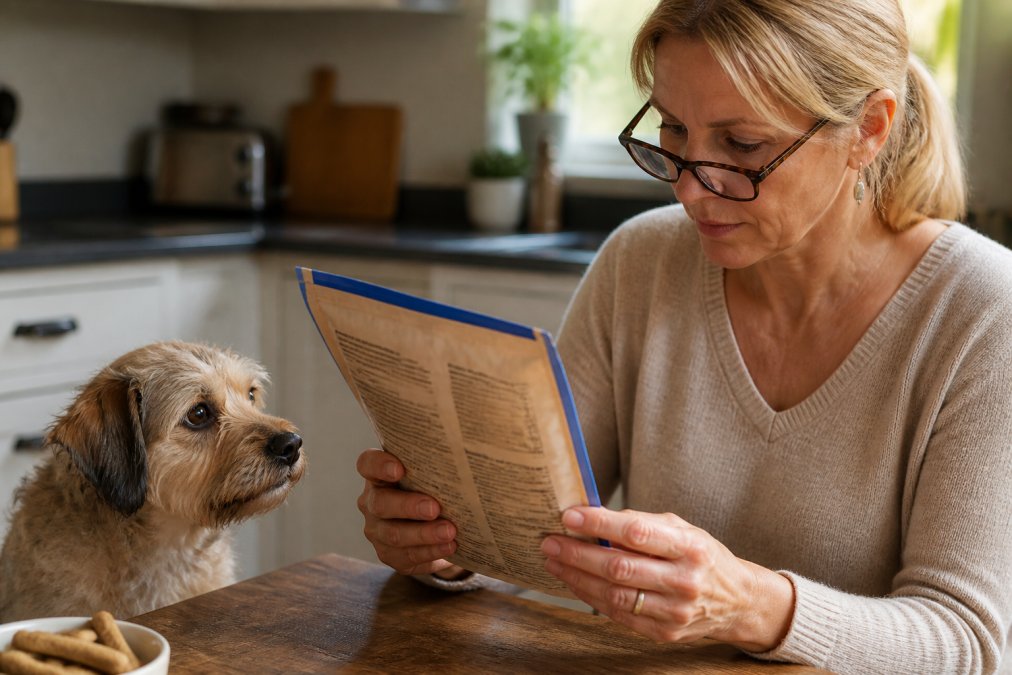 A person holding a dog treat bag and carefully reading the ingredient label, with reading glasses on and a small dog looking up attentively beside them on a wooden table in warm kitchen lighting