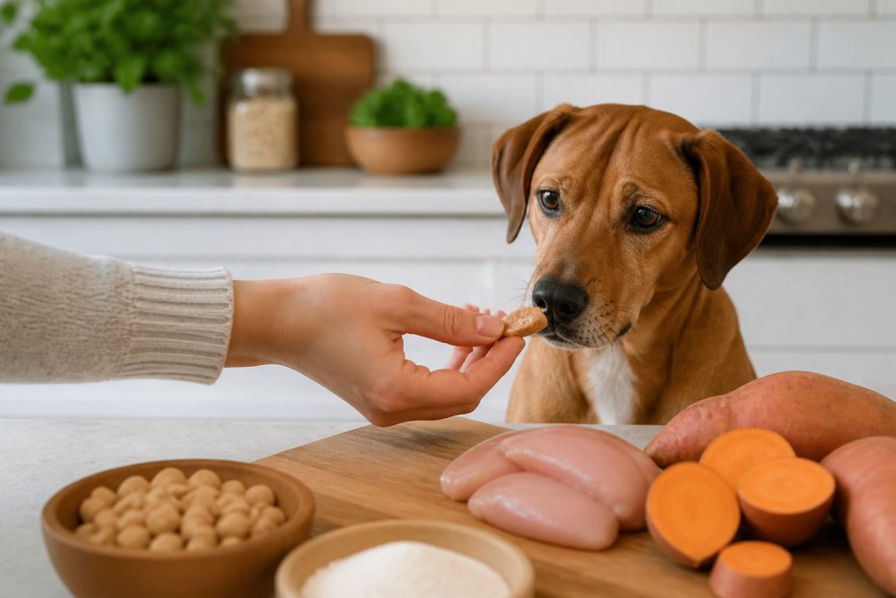 A dog owner's hand offering a small, natural-looking treat to a medium-sized brown dog with an attentive expression, on a clean kitchen counter with simple whole food ingredients visible in the soft background lighting