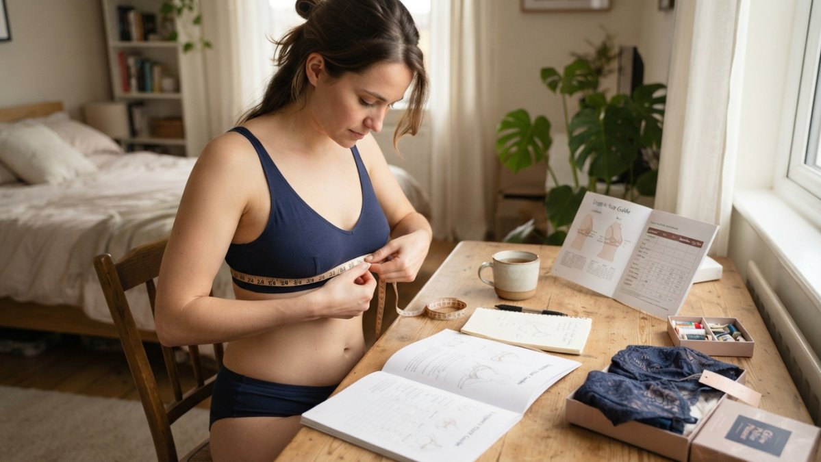 Woman measuring her underbust with a tape measure to find the perfect fit from top lingerie brands.