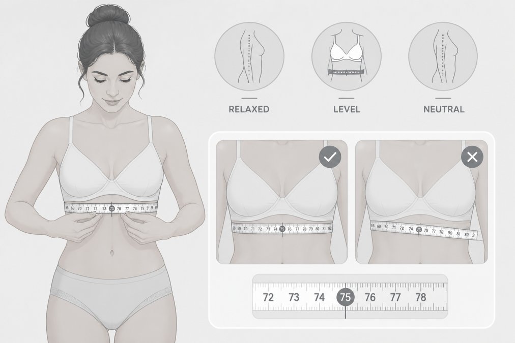 Woman measuring her underbust with a soft tape measure, showing proper measurement technique with relaxed posture and neutral spine alignment