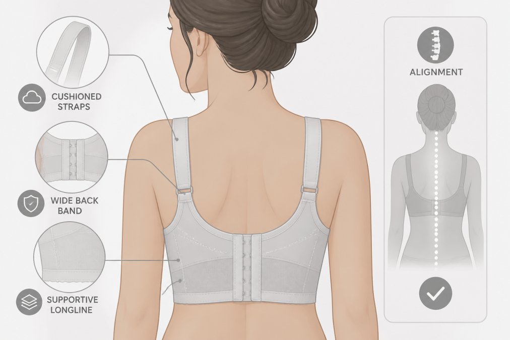 Close-up of a woman wearing a supportive longline bra, showing the wide back band and cushioned straps from behind, with proper spinal alignment visible