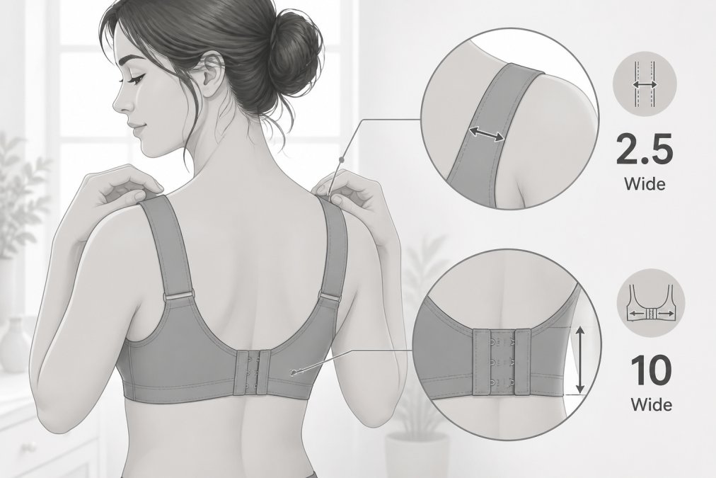 Close-up of a woman adjusting wide bra straps on her shoulders in a bright, airy room, showing the strap width and back band detail clearly, with soft natural light from a window behind her