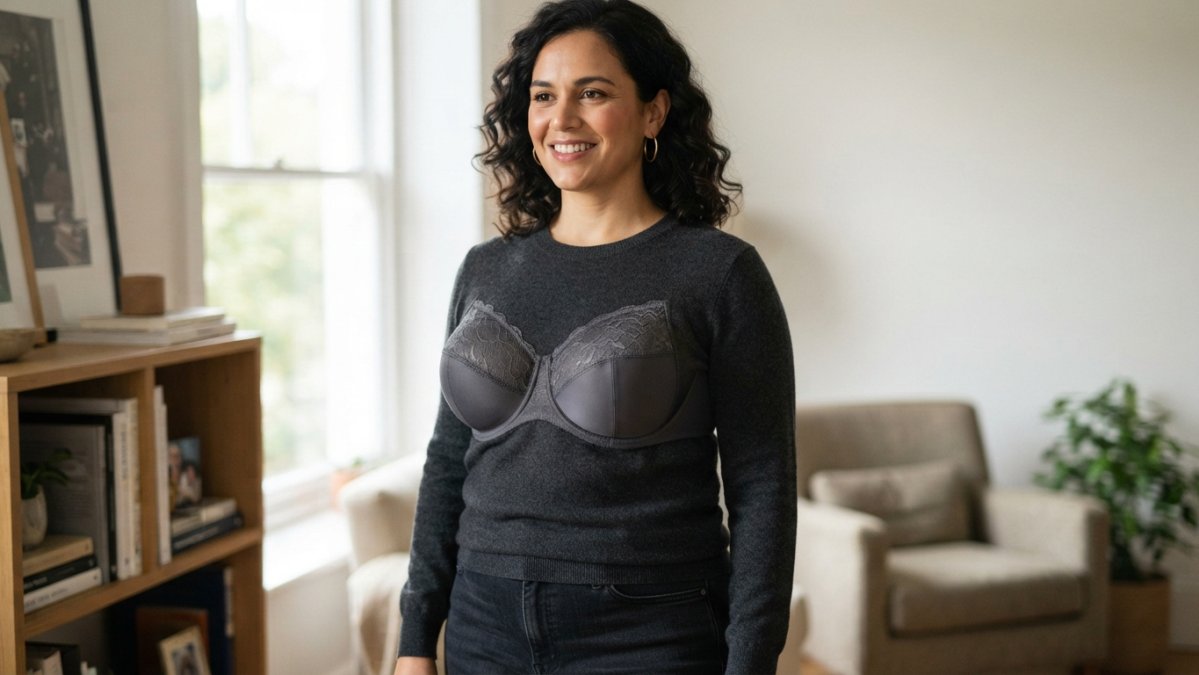 Woman wearing a well-fitted luxury bra in natural lighting, displaying confident posture and proper support with natural breast shaping and no visible lines under clothing