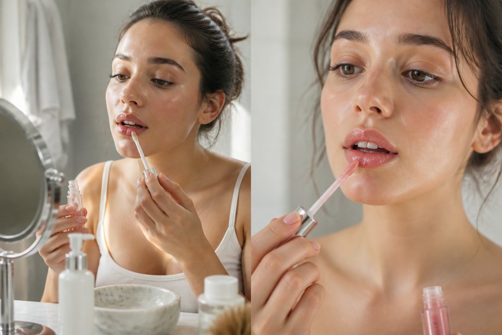 Woman applying clear lip gloss with a doe-foot applicator as the best lip makeup for a natural dewy glow