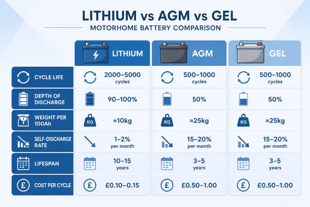 Comparison matrix showing Lithium vs AGM vs Gel batteries with cycle life 2000-5000 cycles vs 500-1000 cycles, depth of discharge 90-100% vs 50%, weight per 100Ah approximately 10kg vs 25kg, self-discharge rate 1-2% per month vs 15-20% per month, lifespan 10-15 years vs 3-5 years, cost per cycle £0.10-0.15 vs £0.50-1.00