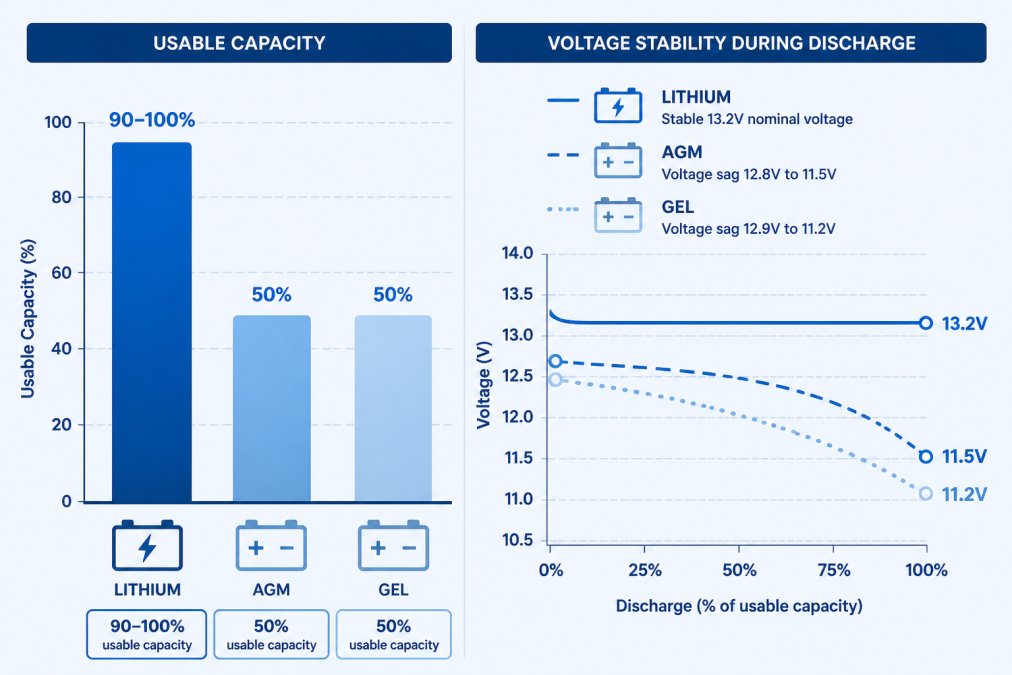Bar chart showing usable capacity percentages and voltage stability: Lithium 90-100% usable capacity with stable 13.2V nominal voltage, AGM 50% usable capacity with voltage sag from 12.8V to 11.5V during discharge, Gel 50% usable capacity with voltage sag from 12.9V to 11.2V, with curves showing voltage stability across discharge cycles