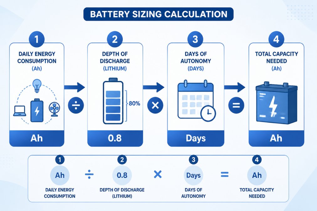 Flowchart showing battery sizing calculation: daily energy consumption (Ah) → divide by depth of discharge (0.8 for lithium) → multiply by days of autonomy → total capacity needed
