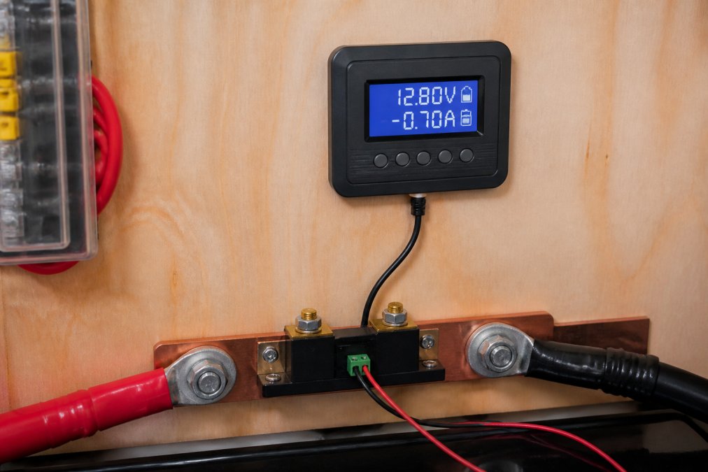 Close-up of a battery monitor shunt mounted on a copper bus bar with DC cables terminated on both sides, display unit mounted on RV electrical cabinet wall showing real-time voltage and amperage readings