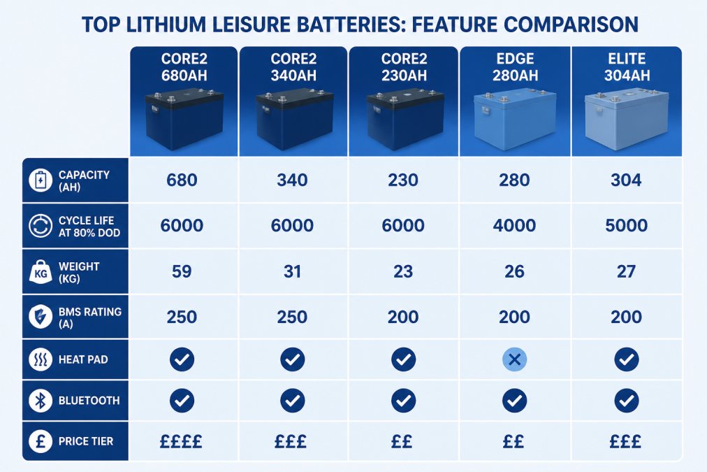 Comparison matrix showing capacity (Ah), cycle life at 80% DOD, weight (kg), BMS rating (A), heat pad, Bluetooth, and price tier for Skyenergi Core2 680Ah, Core2 340Ah, Core2 230Ah, Edge 280Ah, and Elite 304Ah