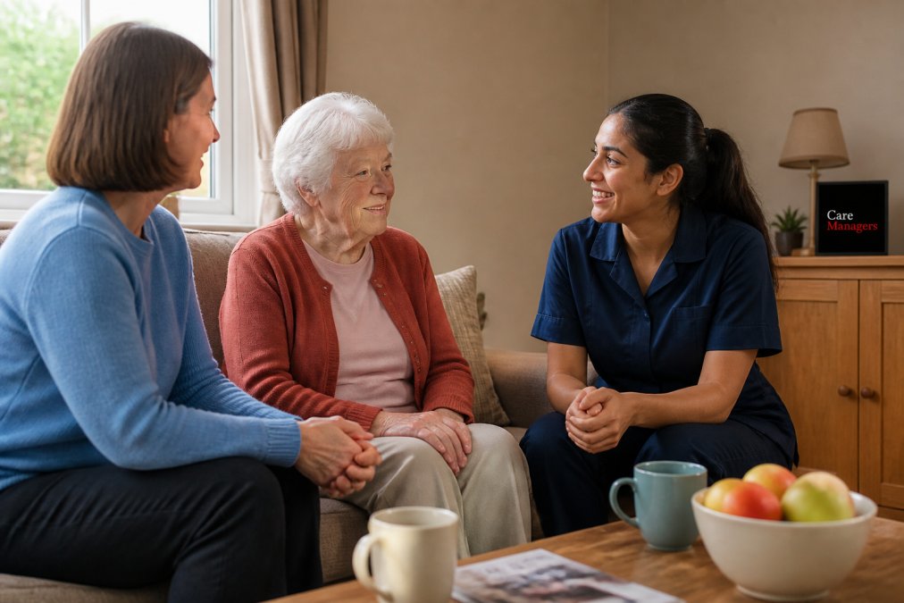 Family member introducing an elderly relative to a prospective live-in carer in a comfortable home setting, with both parties seated and conversing