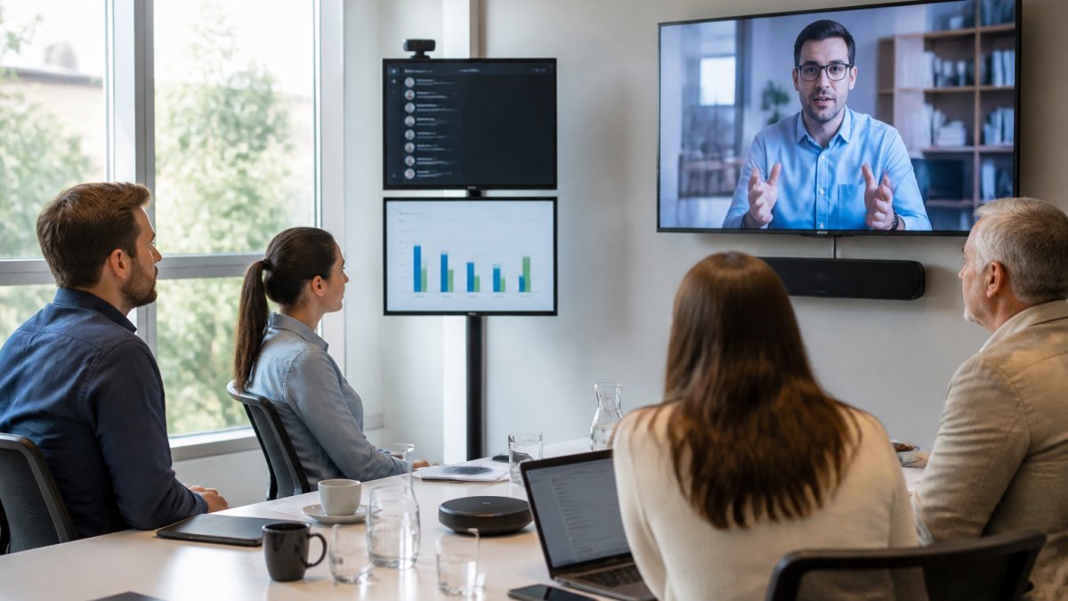 Professional conference room with in-person attendees seated around a table watching a large screen displaying a remote participant via video, with real-time chat and poll results visible on secondary screens, natural daylight from windows