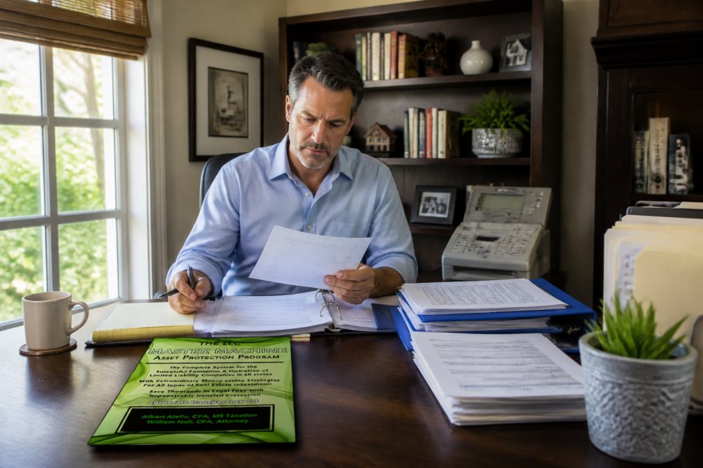 Real estate investor reviewing property documents, LLC formation papers, and financial statements at a desk with laptop, filing folders, and coffee cup in a modern home office with natural window lighting
