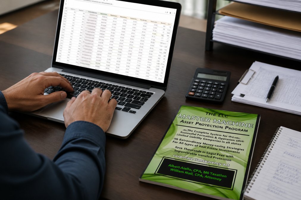 Close-up of hands typing on laptop keyboard while reviewing financial spreadsheets, compliance checklists, and tax documents displayed on screen with calculator and filing documents nearby on desk