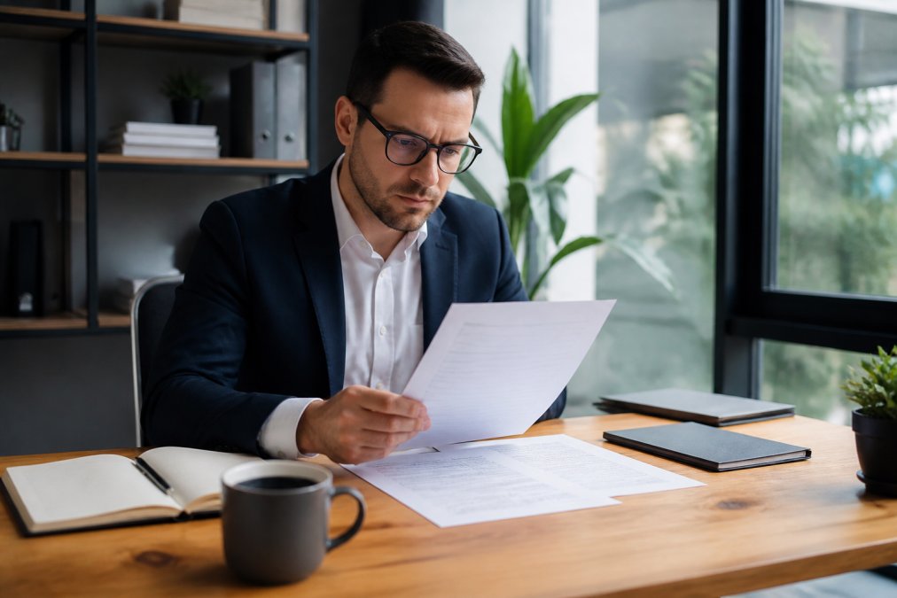Business professional reviewing LLC formation documents on a laptop in a modern office, notepad and coffee nearby, natural window lighting