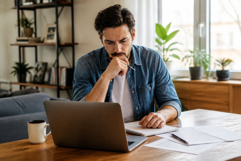 A startup founder reviews the best llc service for startups on a laptop in a bright home office.