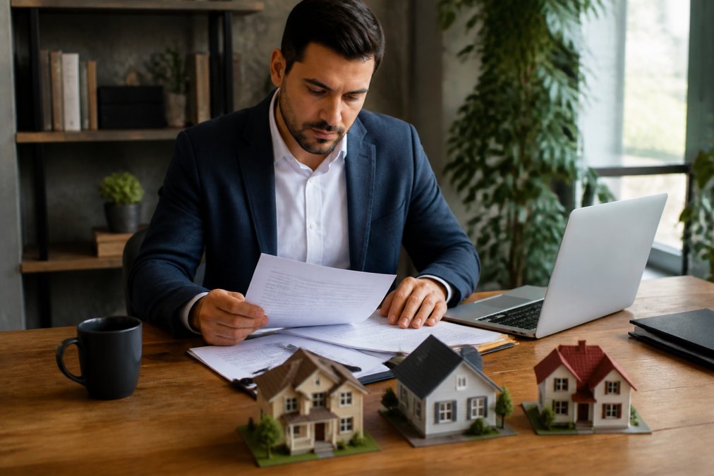 A real estate investor sitting at a wooden desk reviewing LLC formation paperwork and property deeds, with a laptop open, a coffee cup nearby, and three small model houses arranged on the desk surface, warm office lighting