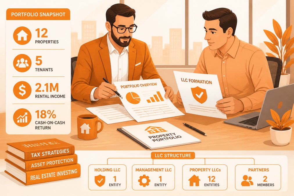 A financial advisor and a real estate investor sitting across a conference table reviewing printed portfolio documents and LLC formation paperwork, professional office setting with natural light from large windows, both focused on the documents
