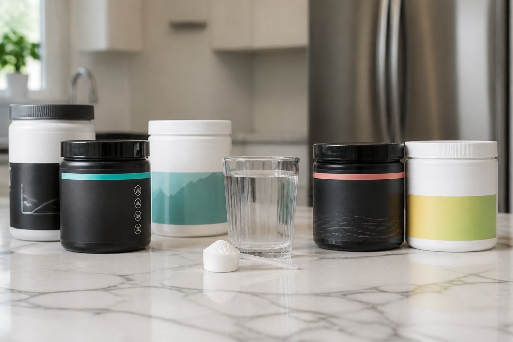 A clean flat-lay photo of several electrolyte powder tubs and a glass of clear electrolyte drink on a kitchen counter, with a scoop of white powder beside it