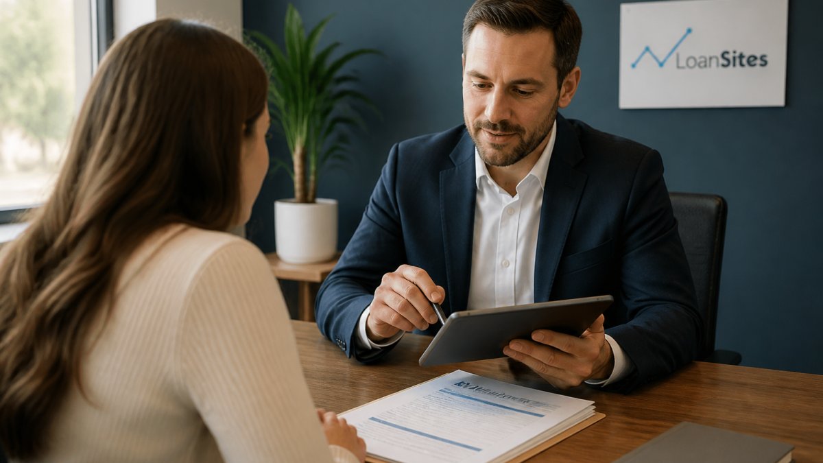 Loan officer reviewing mortgage application documents on tablet with borrower across desk in professional office setting
