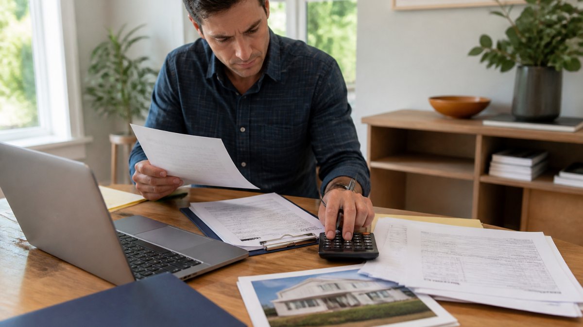 Real estate investor reviewing property documents, loan applications, and financial spreadsheets at a desk with a laptop and calculator in a bright home office