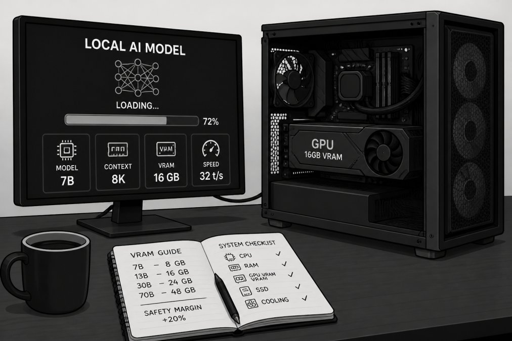A Windows desktop PC with an open case showing a graphics card, a monitor displaying a local AI model loading screen, and a notebook with handwritten VRAM notes beside a coffee mug