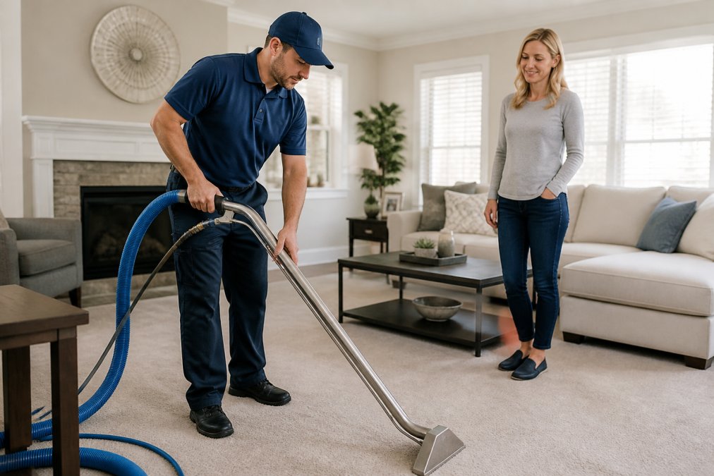 A professional carpet cleaning technician in uniform using a truck-mounted wand on a light-colored carpet in a bright living room, with a homeowner watching approvingly