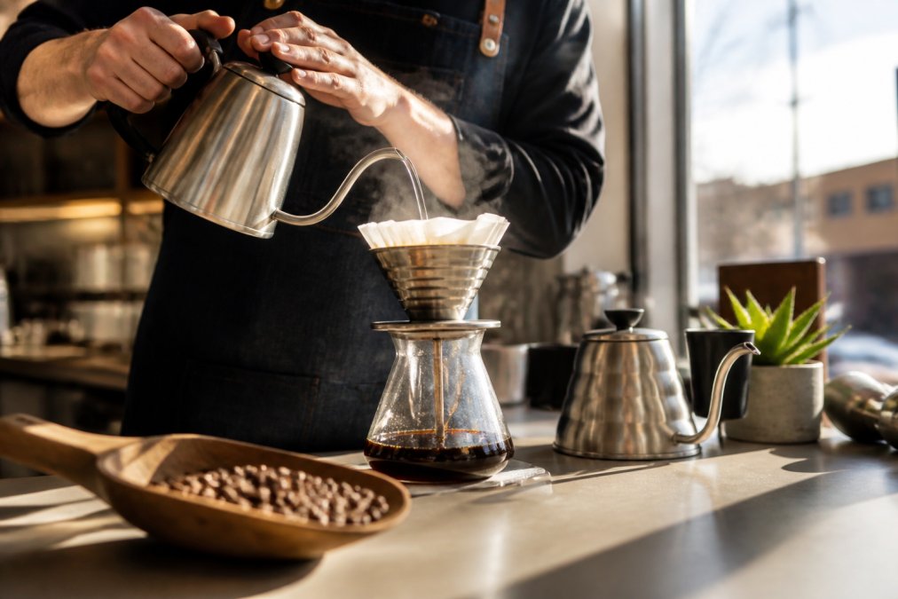 A barista's hands carefully pouring steaming water over freshly ground coffee in a pour-over cone, with roasted beans visible in a wooden scoop nearby and morning light streaming across the counter