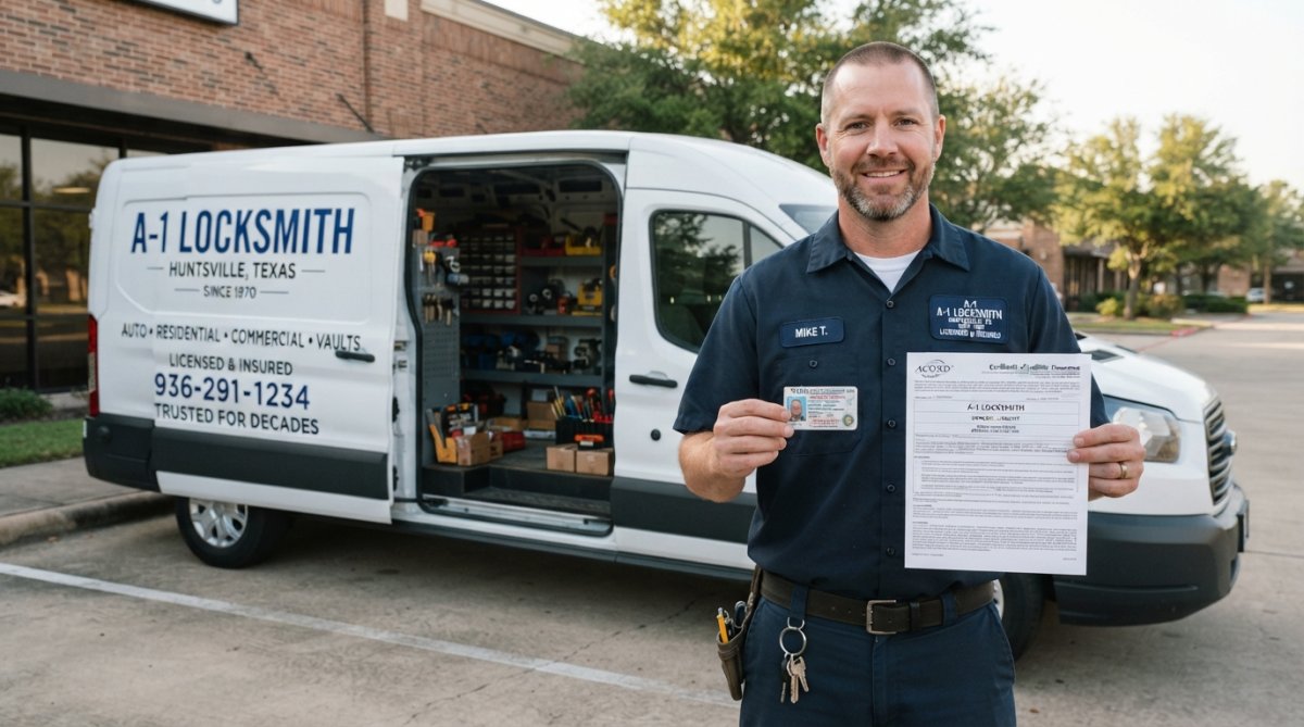 Professional locksmith in uniform holding credentials and insurance documentation while standing in front of service vehicle with company branding