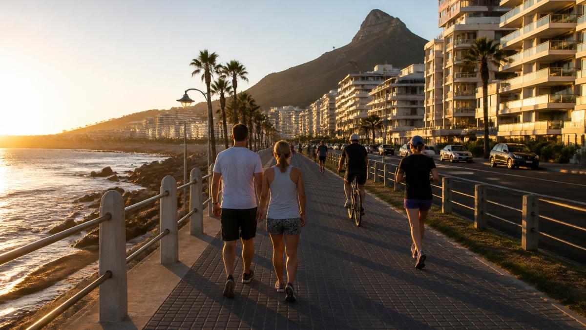 Couple strolling along the Sea Point promenade at golden hour, one of the best local neighborhoods in Cape Town to visit.