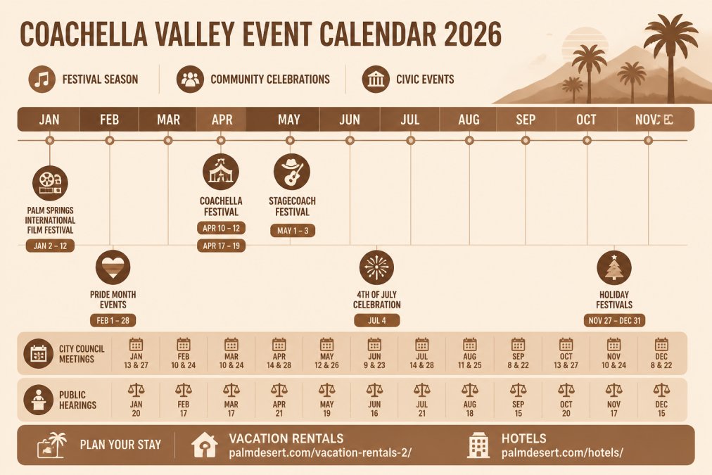 Timeline showing major seasonal events in the Coachella Valley throughout 2026, including festival season (Coachella Festival, Stagecoach, Palm Springs International Film Festival), community celebrations (Pride Month events, holiday festivals), and civic events (city council meetings, public hearings)