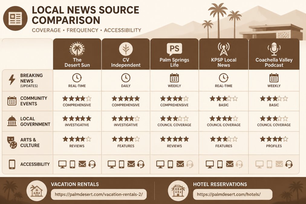 Comparison matrix of local news sources by coverage type, update frequency, and accessibility: Breaking News (real-time, daily, weekly updates), Community Events (comprehensive calendar, editorial coverage), Local Government (council coverage, investigative reporting), Arts & Culture (reviews, profiles, features), Accessibility (website, mobile app, email newsletter, podcast)