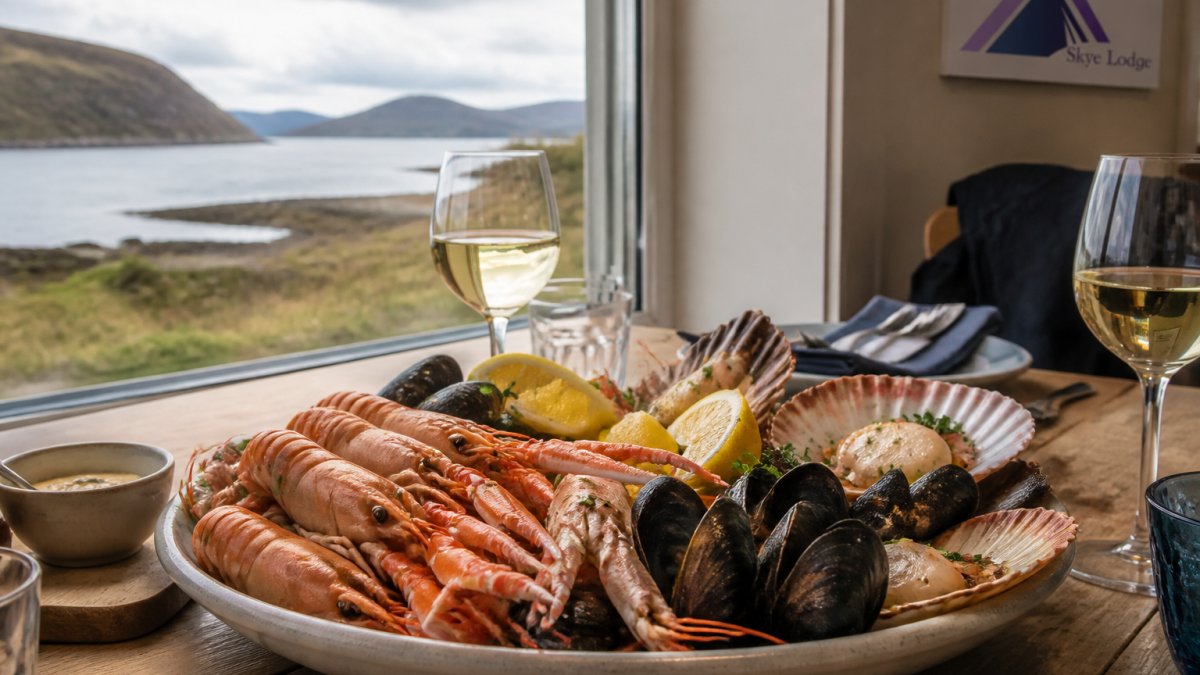 Fresh seafood platter featuring local langoustines, mussels, and scallops arranged on a rustic wooden table with Loch Bay visible through a window in soft natural light