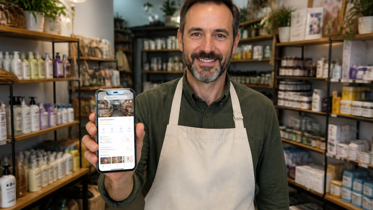 Retail owner checking a Google Business Profile on a smartphone to highlight best local seo practices for retail
