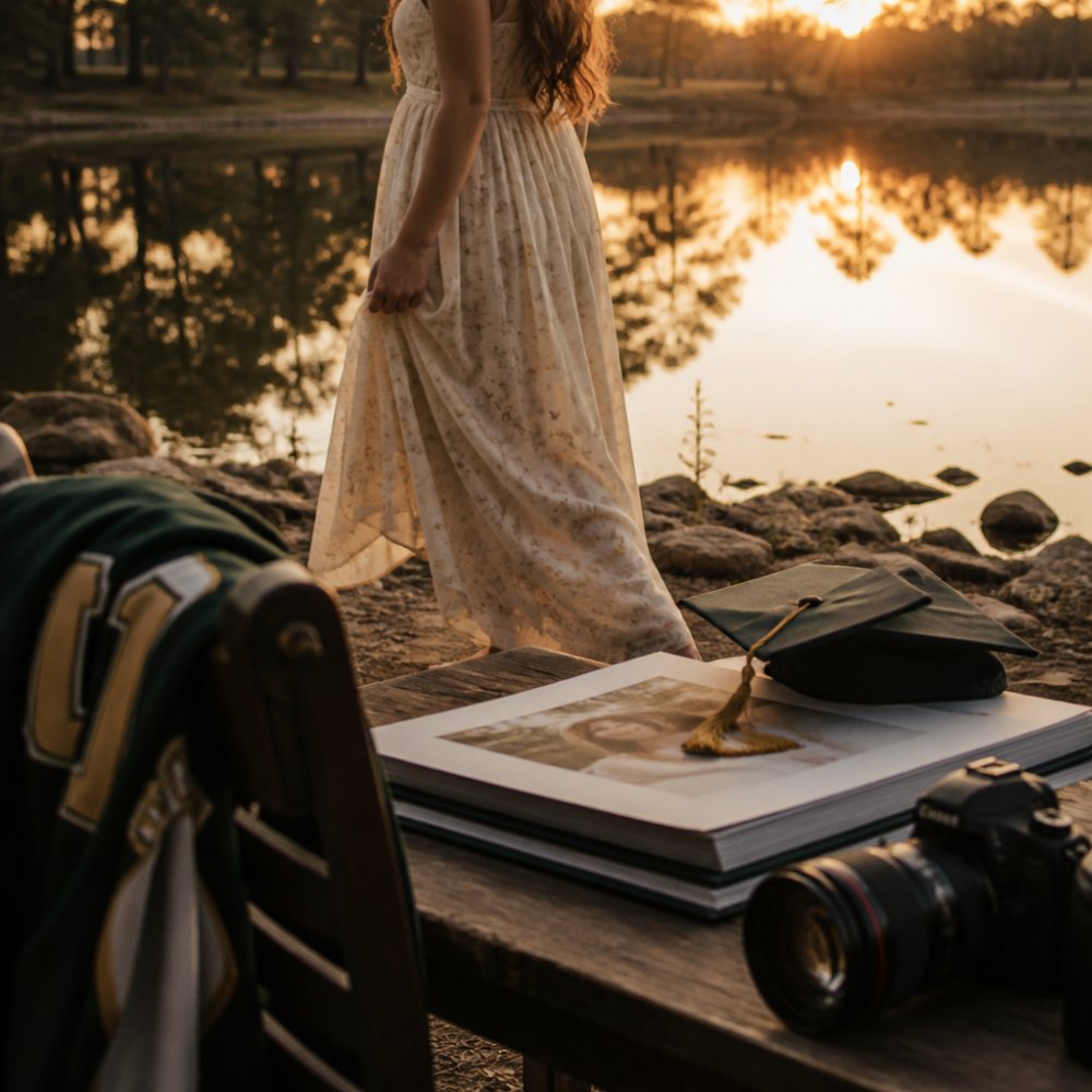 High school senior in a flowing dress standing at the edge of a calm lake at golden hour, with trees reflected in the water and soft warm light across her face