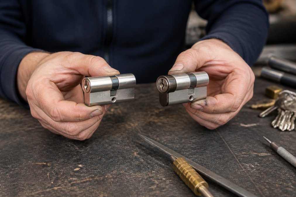 A locksmith's hands holding two different door lock cylinders side by side, one standard and one high-security anti-snap model, on a workbench with tools in the background