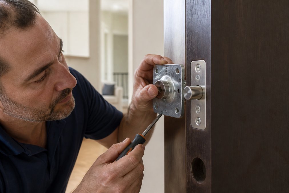Professional locksmith installing a high-security deadbolt into a condo door frame, showing the bolt mechanism and strike plate with precision tools