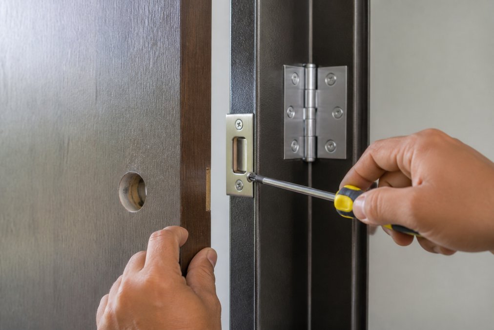 Hands demonstrating door frame reinforcement with a metal strike plate and reinforced hinges being installed on a condo entrance door