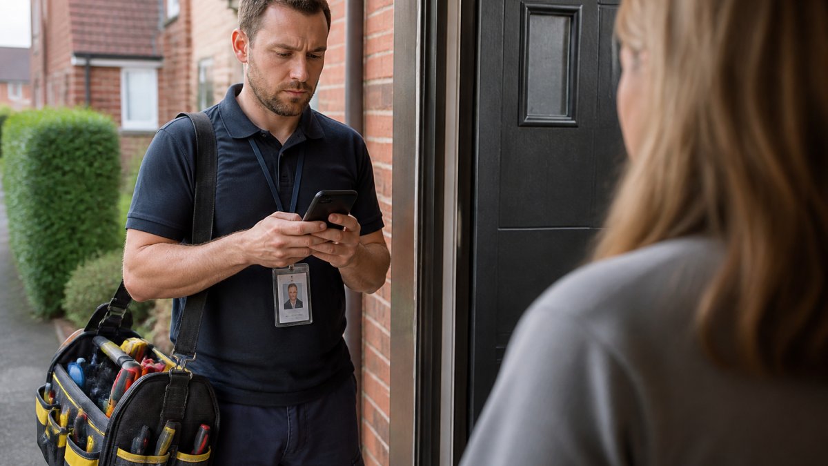 Professional locksmith in uniform checking credentials on mobile phone before entering residential property, with visible ID badge and professional toolbox