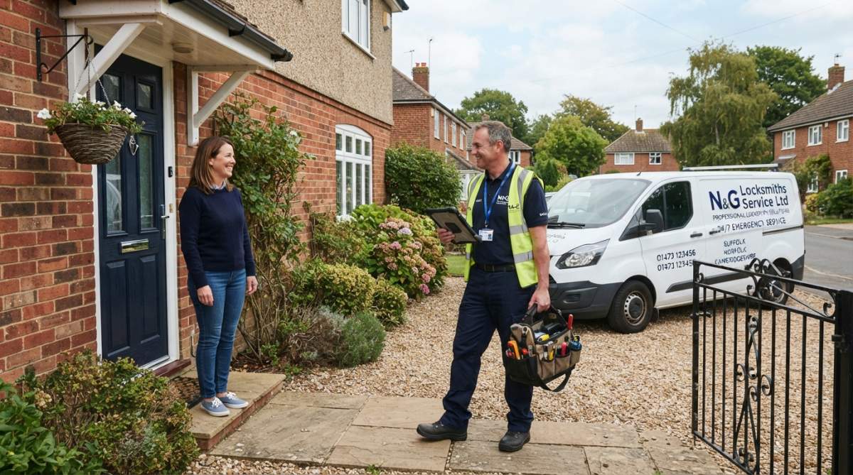 A friendly locksmith in a branded van arriving at a residential property, holding a tool bag and smiling at the homeowner on the doorstep