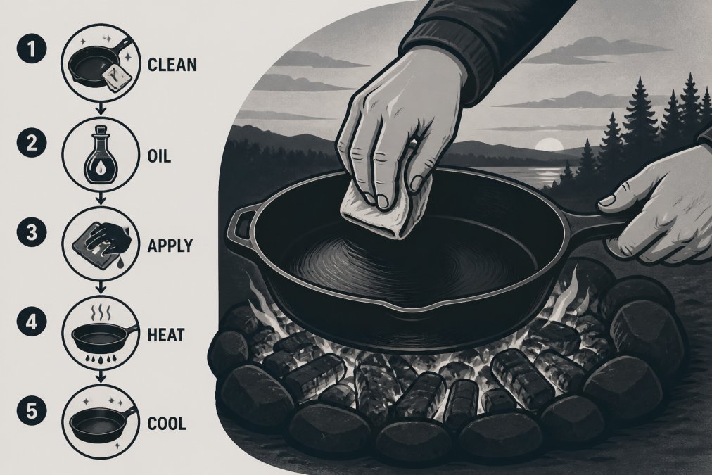 Close-up of hands applying a thin coat of neutral oil to a cast iron skillet positioned over glowing campfire coals at dusk, showing the seasoning process in action with firelight reflecting off the metal