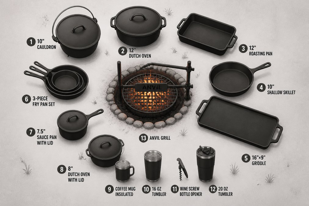Overhead view of multiple cast iron pans, Dutch ovens, and griddles of varying sizes arranged around a glowing campfire setup with coals visible, showing different cookware options in an outdoor cooking scene at golden hour