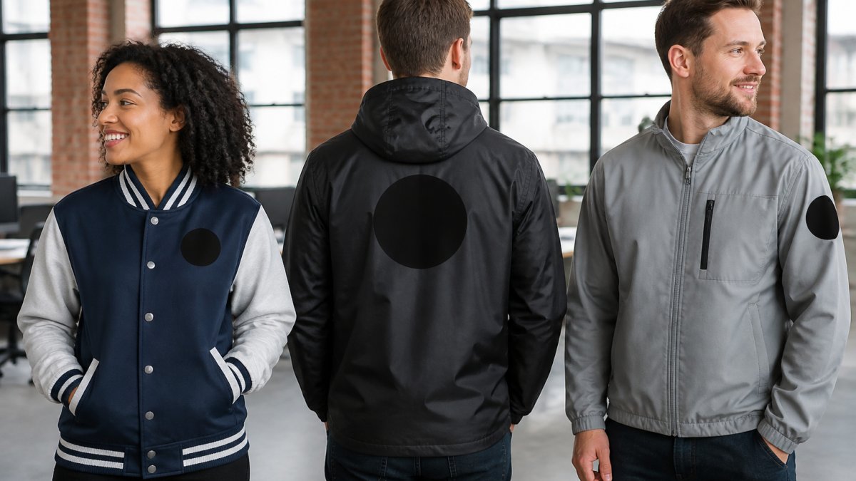 Professional team of employees wearing custom branded jackets in different styles, varsity, hooded, and windbreaker, displaying logos positioned on left chest, back, and sleeve areas in modern office setting with natural lighting