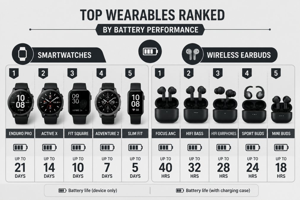 Collection of smartwatches and wireless earbuds displayed side-by-side on a clean desk, showing different styles and designs in natural daylight