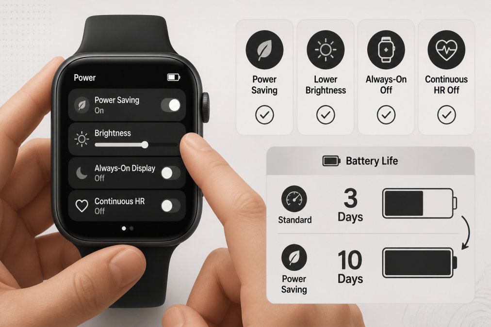 Close-up of hands adjusting settings on a smartwatch screen, showing power-saving mode or brightness controls being toggled