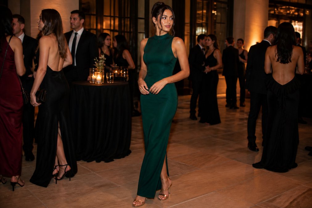 Woman wearing a sleek emerald column long dress with minimal gold jewelry and strappy heels, standing confidently at an evening event with soft warm lighting