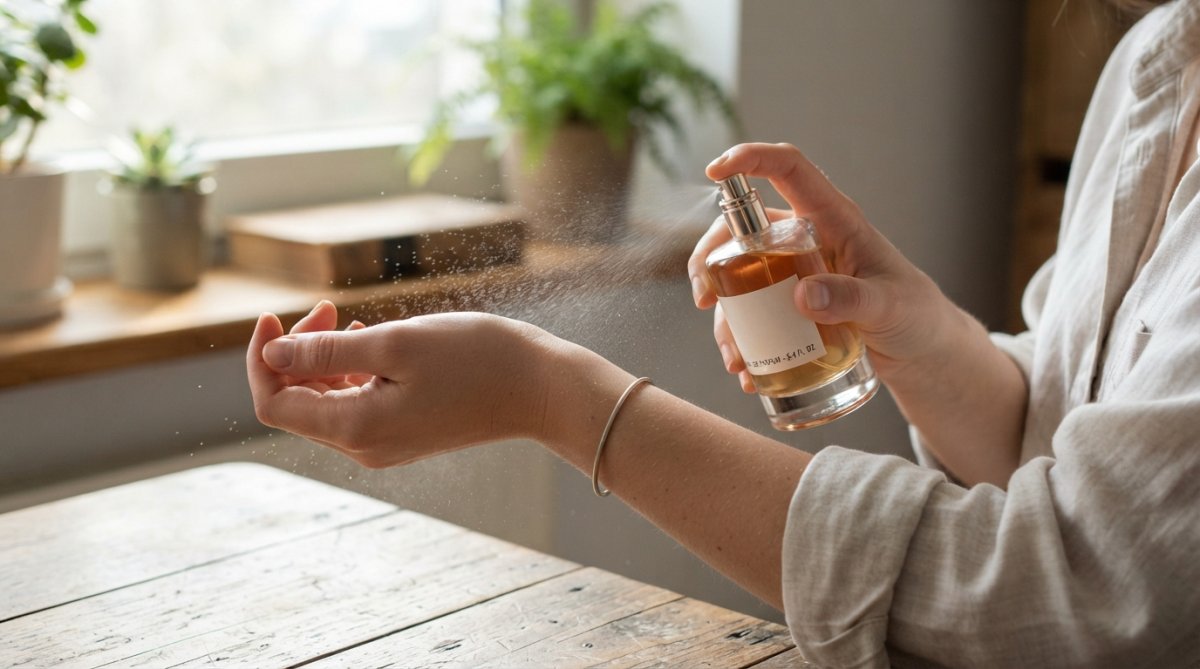 Close-up of a person's wrist with a perfume bottle, a fine mist of fragrance catching bright natural window light