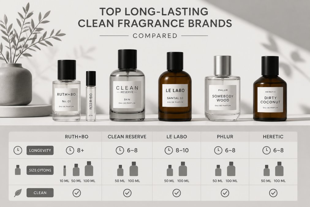 Curated collection of clean fragrance bottles displayed on minimalist shelf with natural light, showing different sizes and amber or clear glass bottles