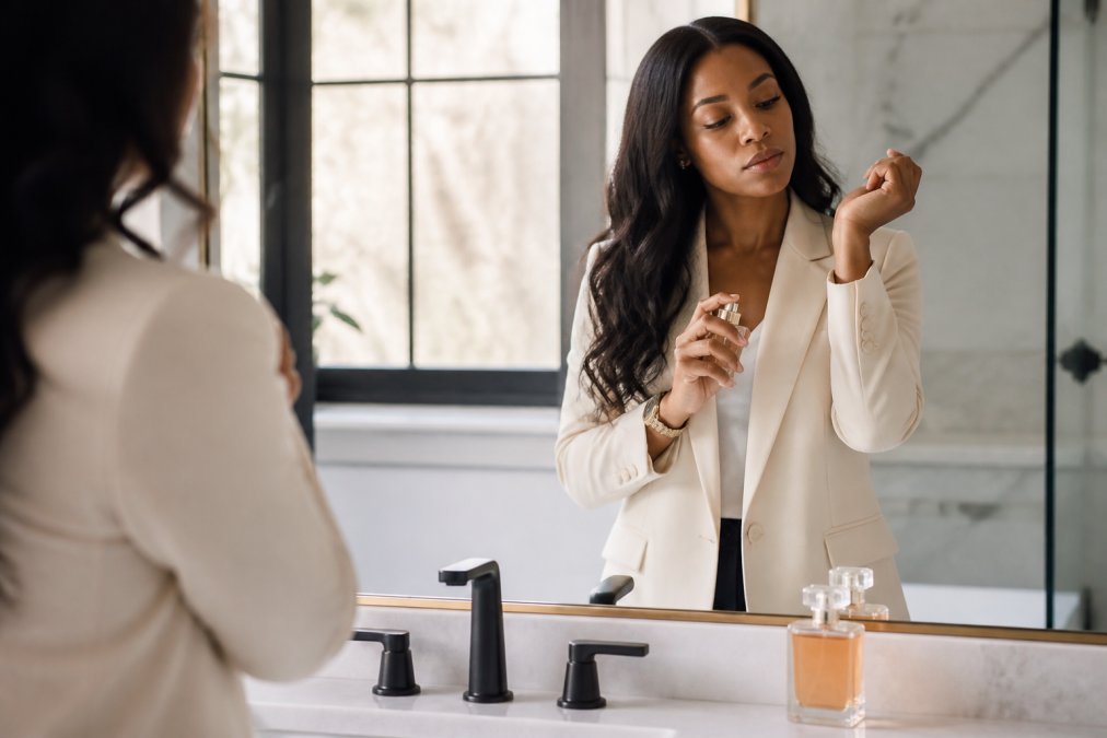 A woman in professional attire applying perfume to her wrist pulse point in a bright bathroom mirror setting, with a bottle of elegant perfume on the counter